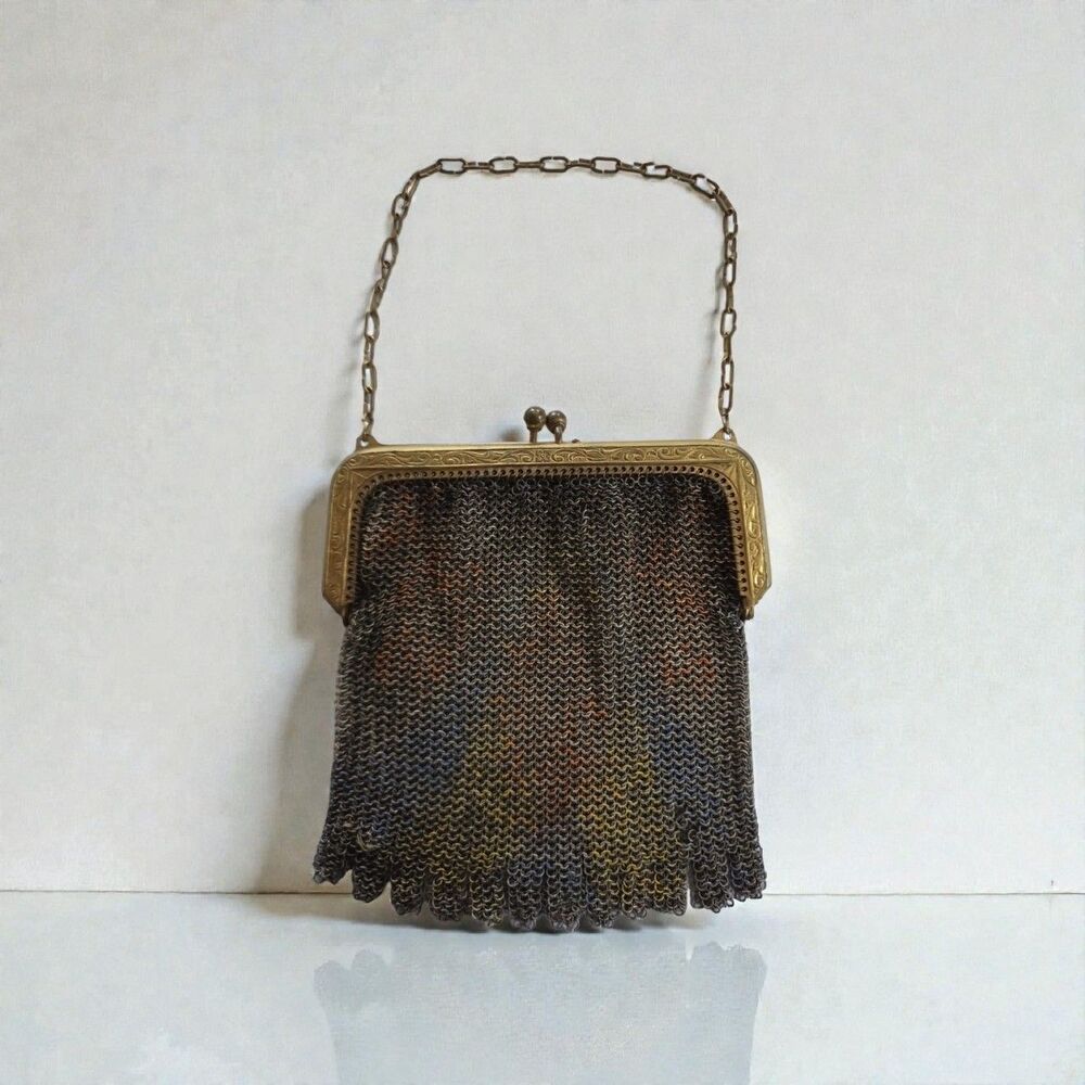 Antique Whiting & Davis Metal Mesh Purse Floral Enamel Frame Chain c1910